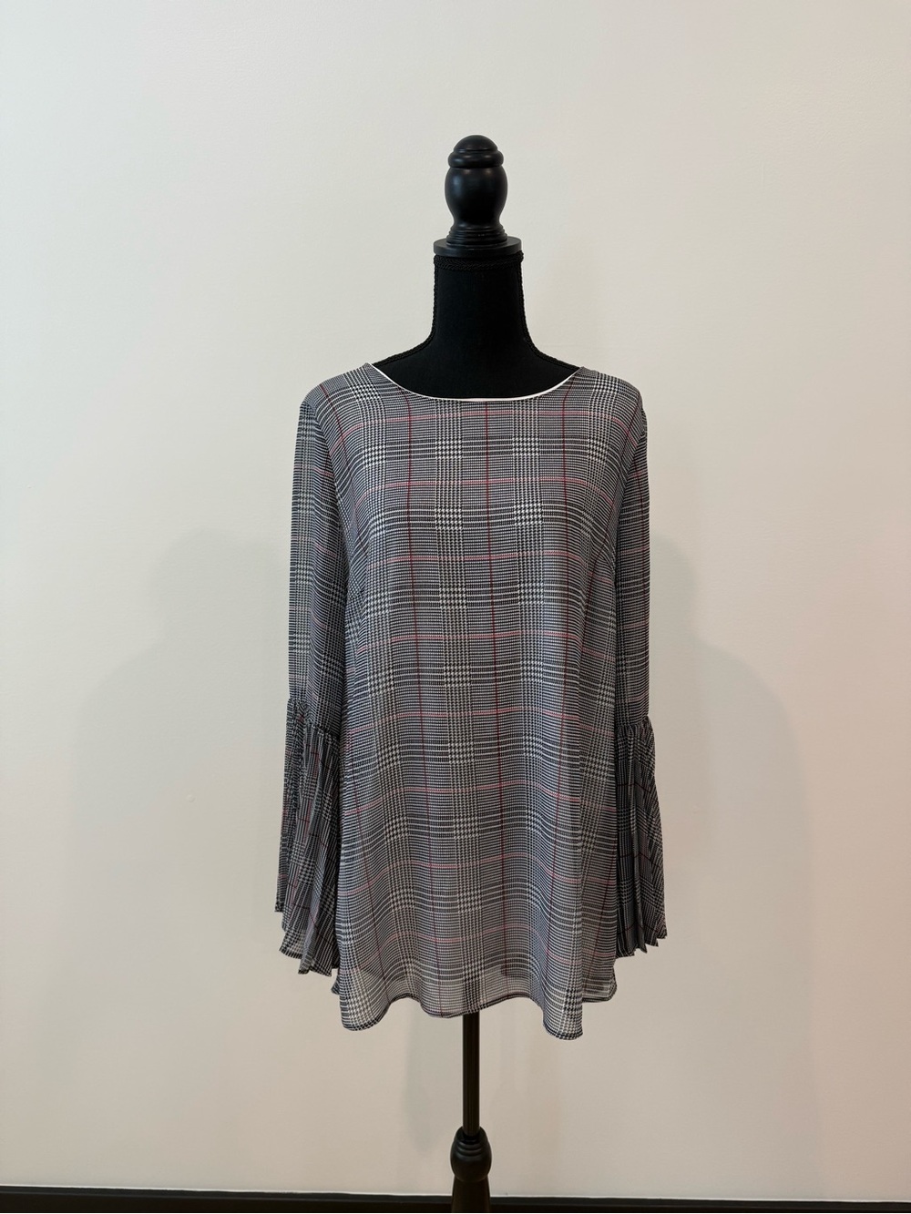 Peter Nygard Gray Plaid Blouse with Red Windowpane & Pleated Bell Sleeves